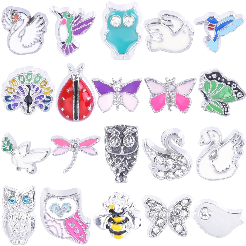 20Pcs Hot Selling New Charm Swan Butterfly Peacock Owl Pigeon Woodpecker Floating Locket Accessories DIY Jewelry Making Bulk