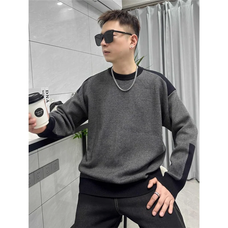 

Men's Knitted Sweater round Ne Pullover Winter Faion Brand Simple High-End Feel Patchwork Color Blo Basic Matchabili