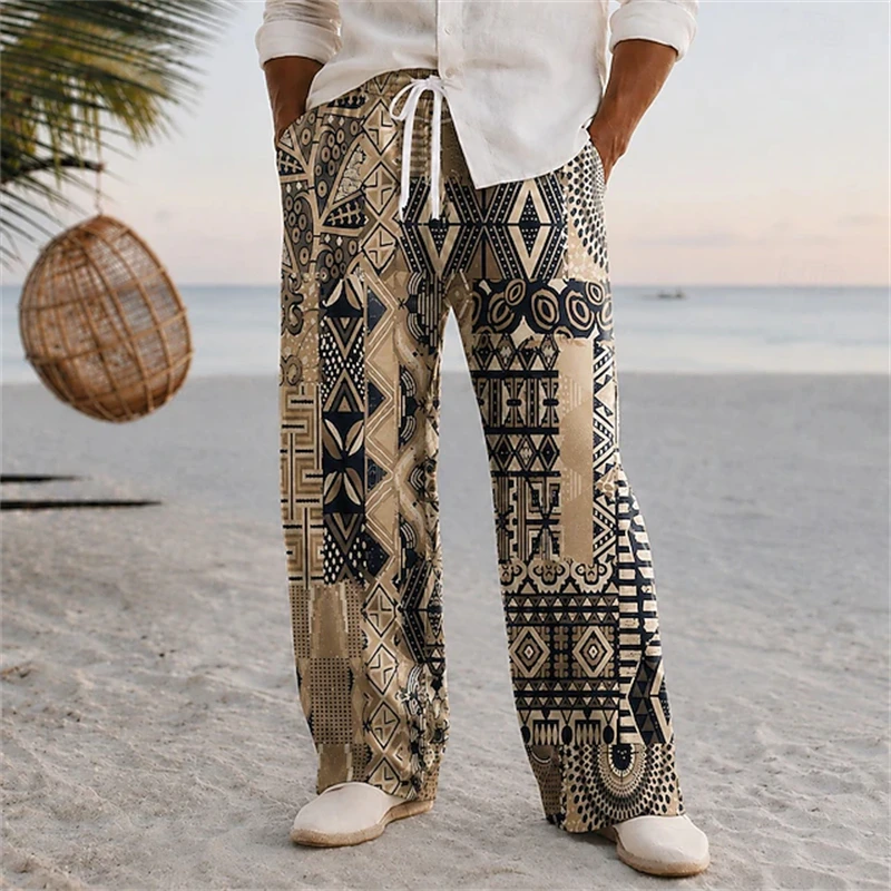 2026 New Spring Fall Retro Elephant Print Men's Pants Straight-Leg Beach Vacation Pants Plus Size Loose Fit with Drawstring