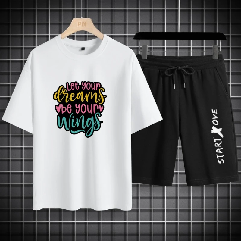 

2025 Men's Set Y2K Loose Letter Printed Short Sleeve T-Shirt + Men's Comfortable and Casual Sports Breathable Short Sleeve Kit