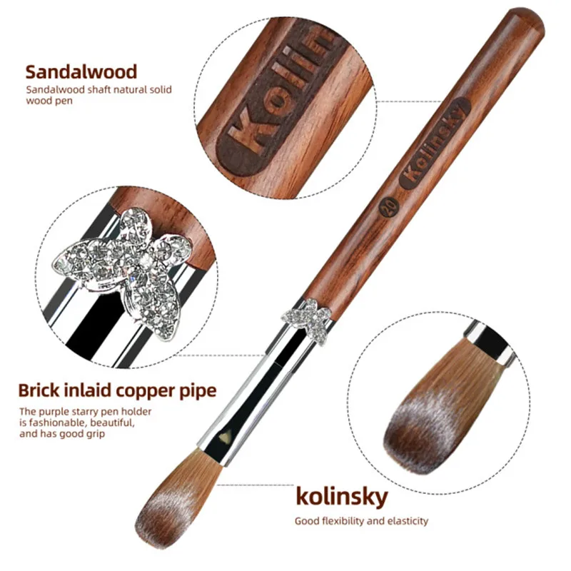 Kolinsky – brosse à ongles avec manche noir, 1 pièce, pour Nail Art, acrylique, Gel UV, stylo de sculpture, poudre liquide, bricolage, peinture des ongles, outils de dessin