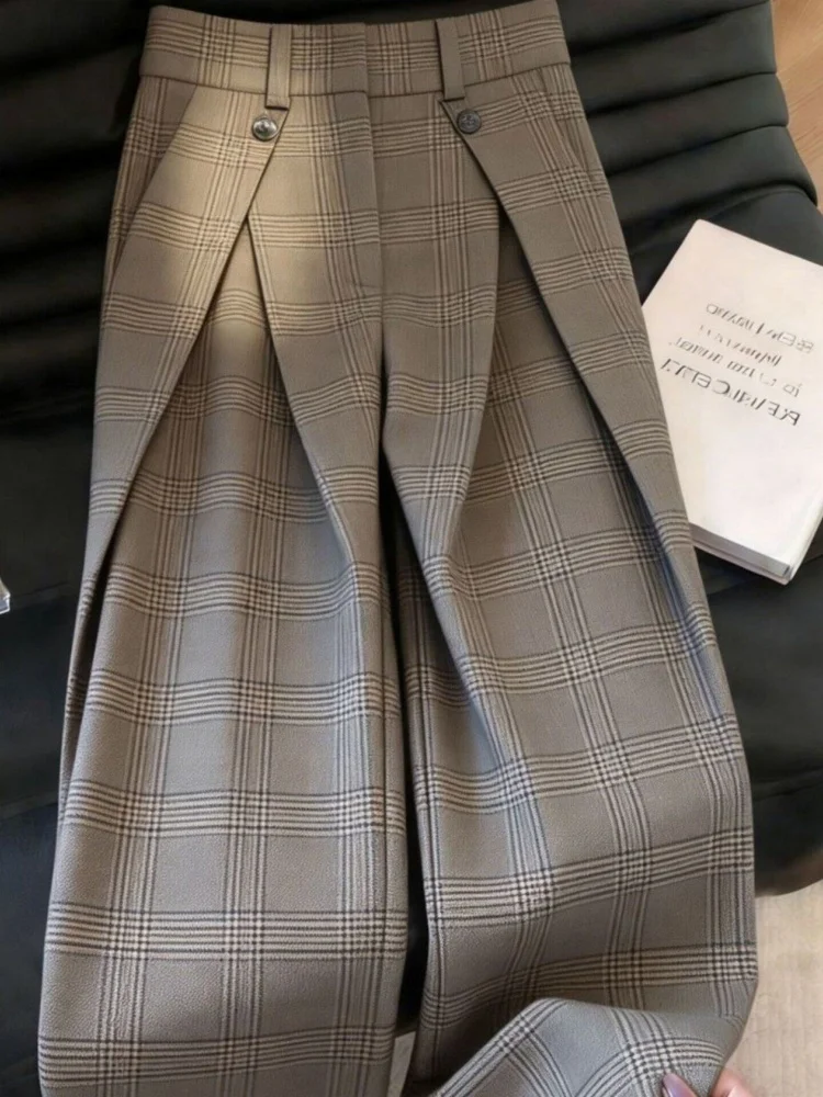 

Khaki Plaid Wide Leg Pants Women's Spring Summer New Light Maturity Style Suit Pants High Waist Straight Tube Trousers
