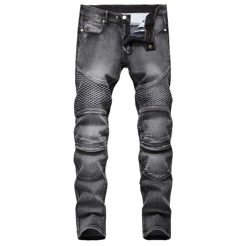 

Men's New Casual Motorcycle Jeans Hip Hop Street Riding Stretch Slim Fit Straight Pants Patchwork Fashion Denim Trousers Male