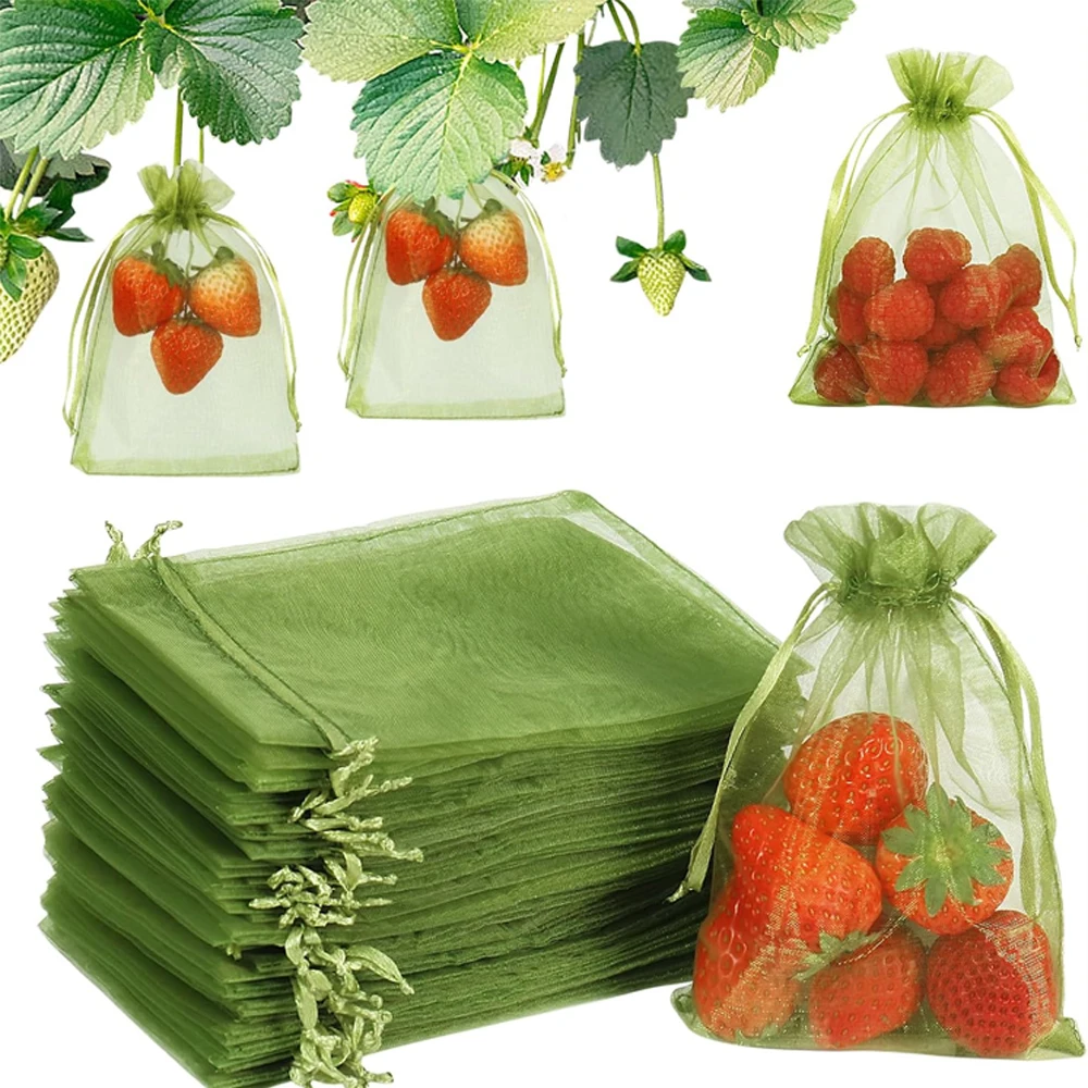 

100Pcs Fruit Protection Bags 10X15cm Green Fruit Cover Mesh Bag with Drawstring Netting Barrier Bags for Plant Flower Vegetables