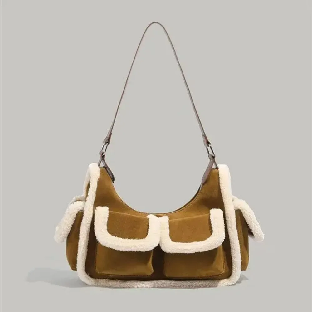 

Korean style retro cat hair underarm locomotive bag autumn and winter new splicing multi-pocket single shoulder commuter bag