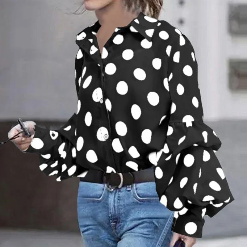 Women Leopard Print Blouse Shirt Vintage Autumn Polka Dot Shirt Button Loose Long Lantern Sleeve Lapel Elegant Office Ladies Top