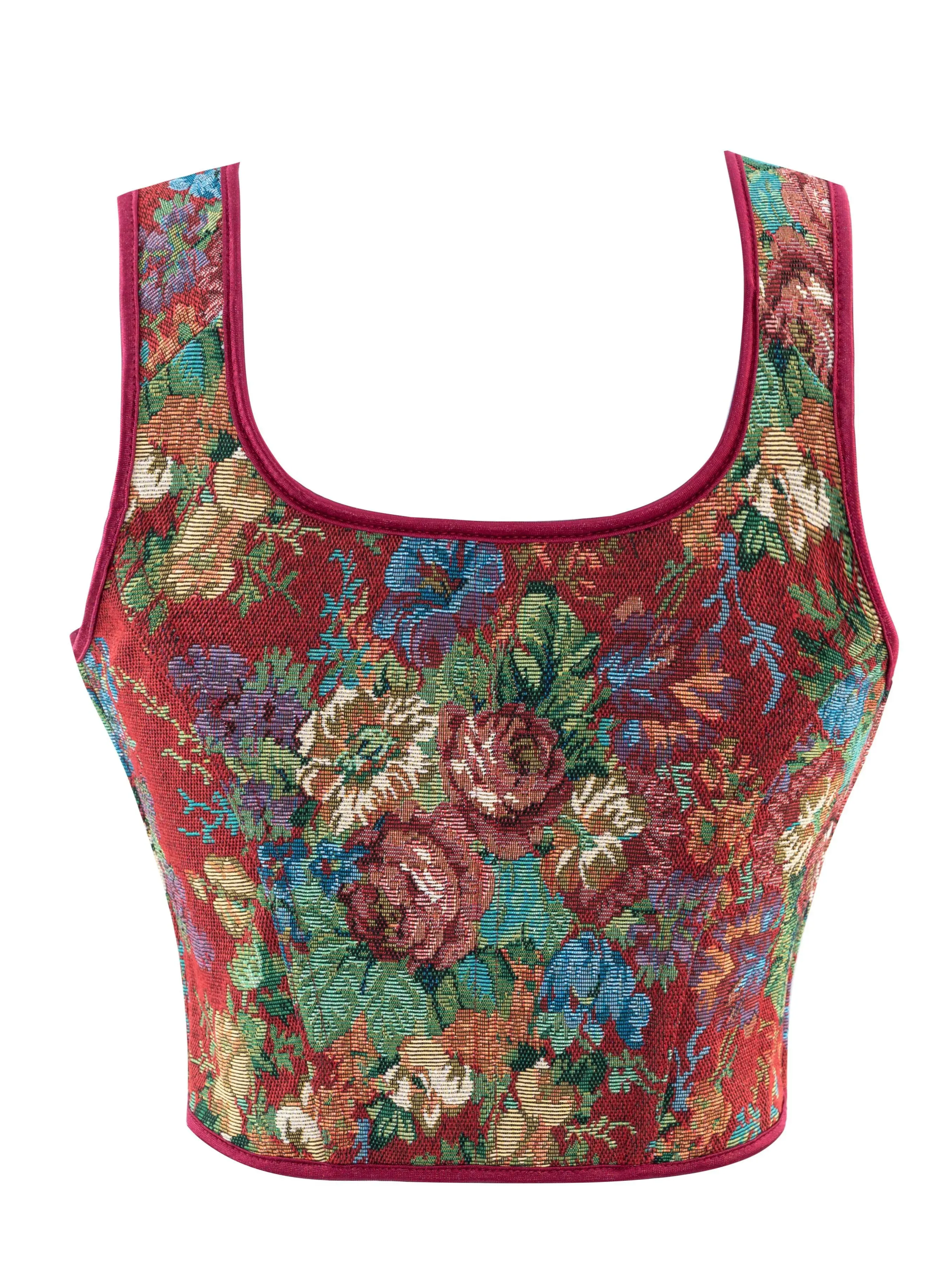 Korset berlapis merah peony dengan rompi yang diikat dan tali untuk korset pengadilan