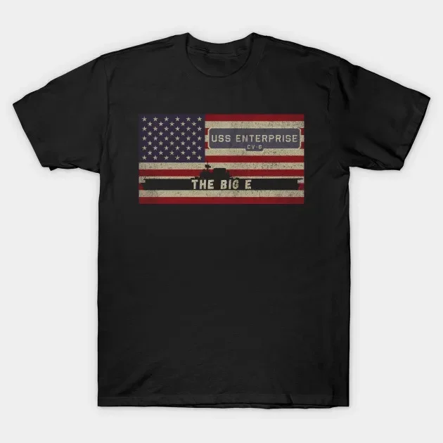 Premium Cotton Short Sleeve O-Neck Mens T Shirt Vintage USA Flag USS Enterprise CV-6 Aircraft Carrier WWII Midway Ship T-Shirt.