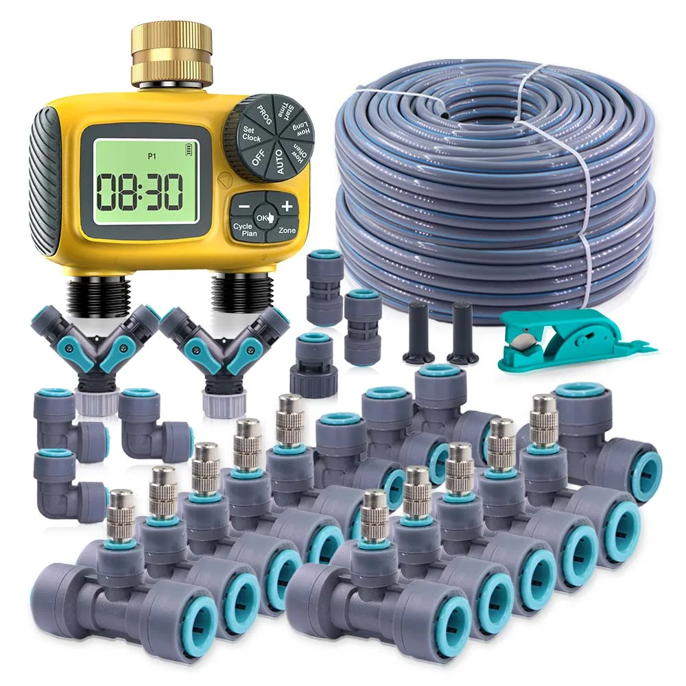 

8/12mm Hose Garden Rotary Programming Timer Adjustable Atomization Nozzle Irrigation Kit Quick Connection Spray Cooling System