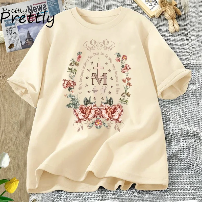 Virgin Mary T-shirt Gothic Cross Floral Graphic T Shirts Women Religious T Shirts Vintage Casual Street Clothing Short-sleeved