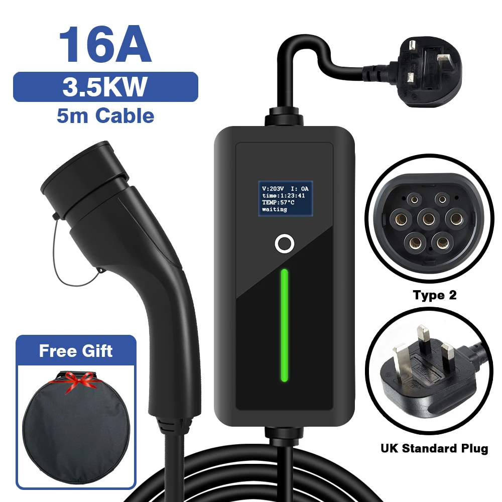 LONLINK-Caixa de carregamento portátil para carro elétrico, veículo UK Plug, tipo 2, carregador EV, 3.5KW, comutável, 16A, 5m cabo