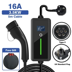 LONLINK Electric Car Vehicle UK Plug Type 2 Portable EV Charger Charging Box Cable 3.5KW Switchable16A With 5M Cable