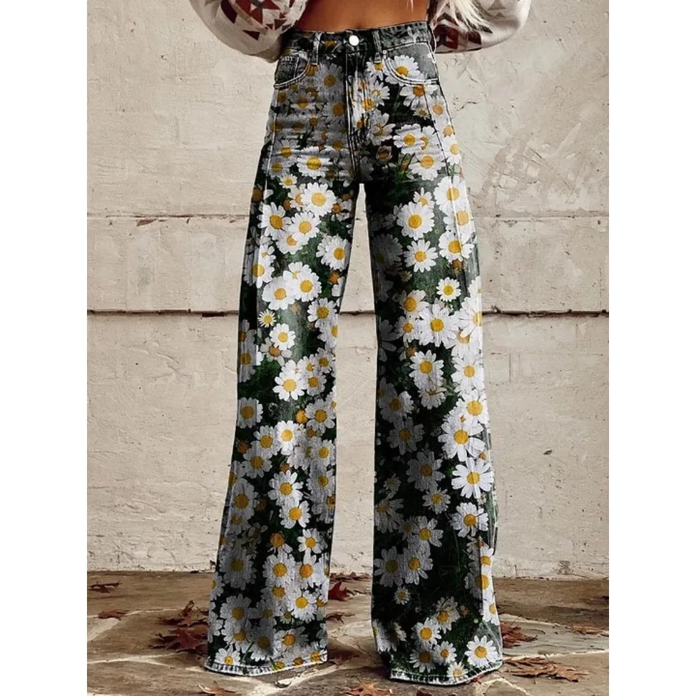 Damen Blaue Orientalische Pflaumenblüten-Druck Hose mit Hoher Taille und Weitem Bein Vintage Blumenmuster Y2K Ästhetik Lose Hose Retro Streetwear – Detail 8