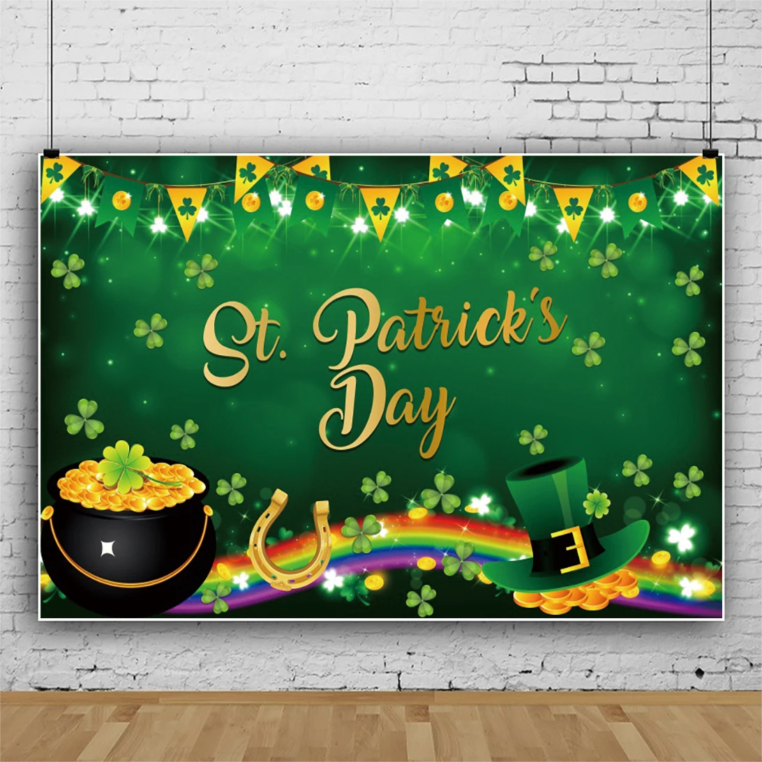 Laeacco St.Patrick's Day Photography Backdrop Glitter Green Lucky Irish Shamrock Pot of Gold Ribbon Kid Baby Shower Background