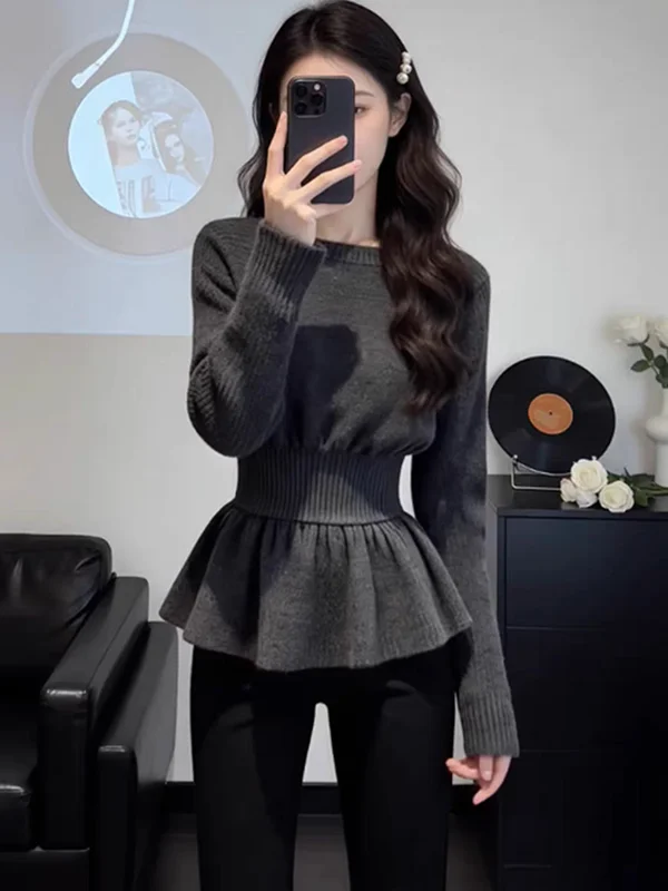 

Женский вязаный свитер с эффектом похудения и рюшами, базовый топ для осени и зимы, большие размеры, скрывающий недостатки фигуры дизайн