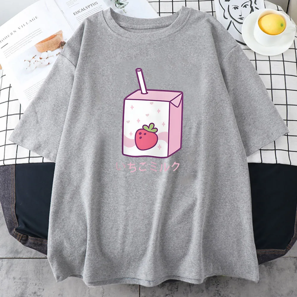 Strawberry Milk Cartoon Printing Tee-shirt Kawaii Graphic Clothing for Girls Cotton Short Sleeve Spring Tshirt Aesthetic Women