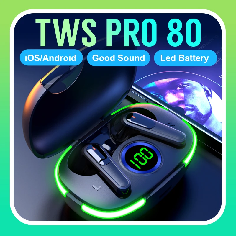 TWS Pro 80 Bluetooth Earphones Fone LED Battery Display Wireless Headphones Sport Earbuds with Mic for iOS Android Mobile Games