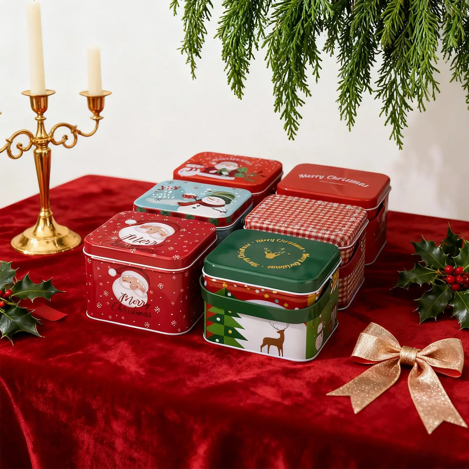 Holiday Cookie Tins 6-Piece Metal With Handle Empty Candy Storage Tinplate Tins For Kids Family Cake Snack Crafts Chocolate