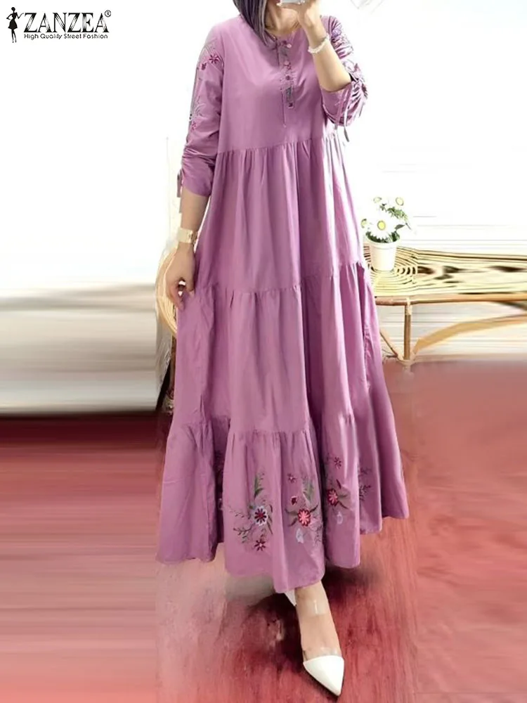 2024 ZANZEA Elegant Floral Muslim Dress Turkey Abaya Kaftan Women Vintage 3/4 Sleeve Maxi Vestidos Robe Eid Mubarek Sundress