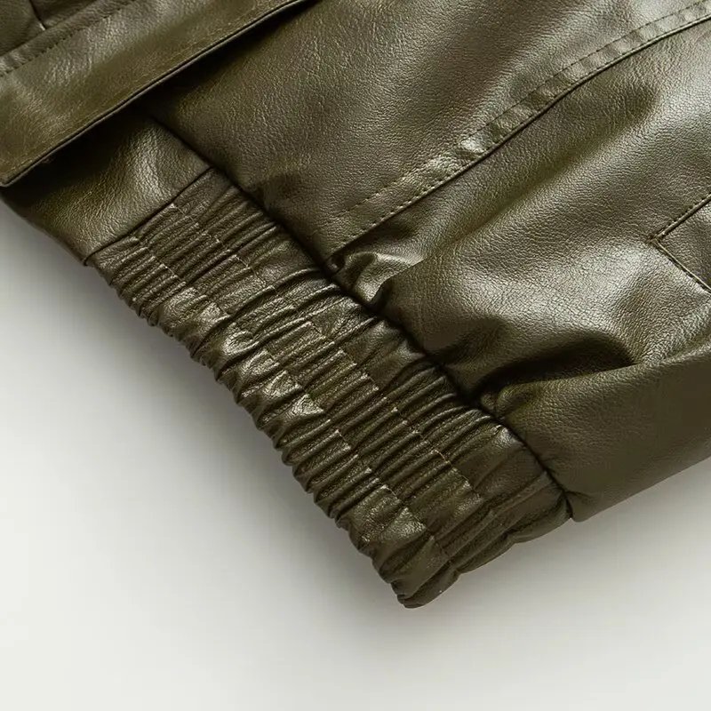 KASLEAD New Women's Casual Loose Leather Jaet Simple Vintage Sle Street Faion Zipper Closure Long Sve Polyester Fiber