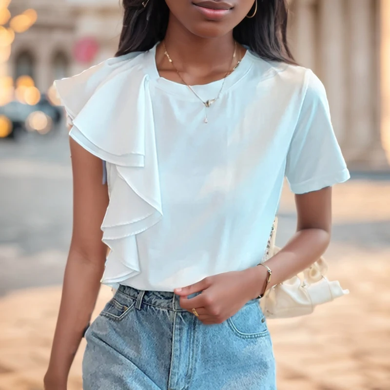 Summer White Irregular Ruffled Blouse Women O Neck Fashion Short Sleeve Elegant Shirt Korean Female Casual Loose Tops 1004