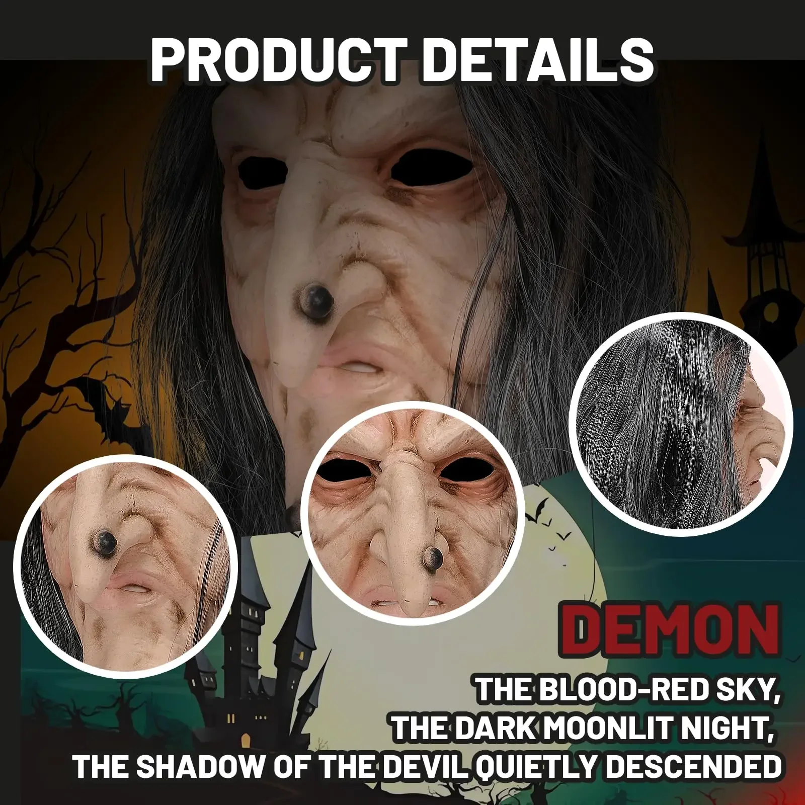 Witch Mask with Long Hair Scary Old Women Mask Latex Halloween Cosplay Masquerade Costume Accessory for Adults