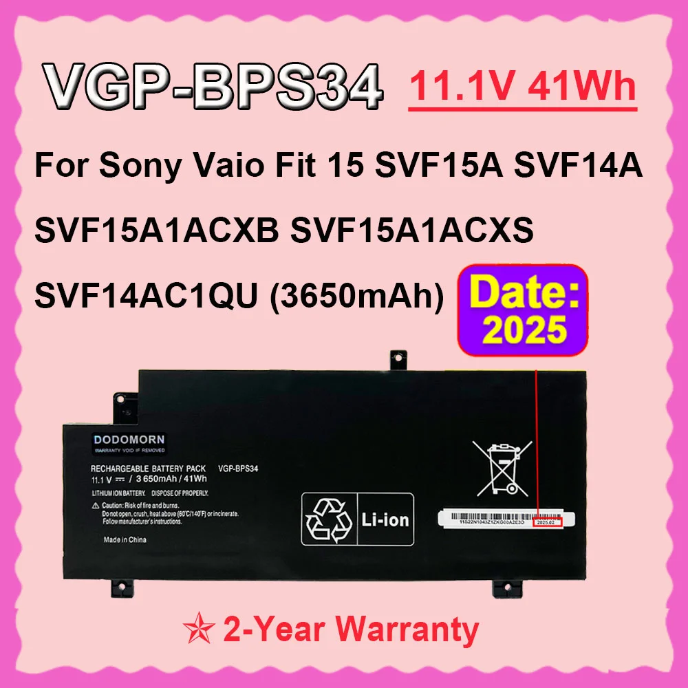 

Аккумулятор для ноутбука DODOMORN VGP-BPS34 для Sony Vaio Fit 15 SVF15A SVF14A SVF15A1ACXB SVF15A1ACXS SVF15A1DPXB BPS34 11.1V 41Wh