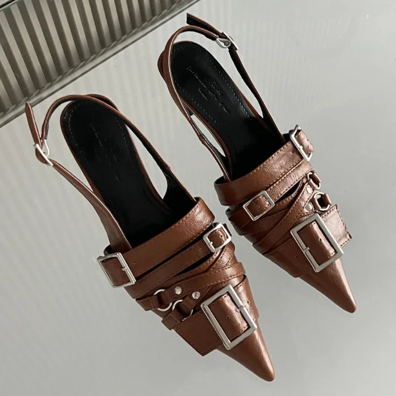 Designer Belt Buckle Pointed Toe Pumps Women Fashion Slingbacks High Heels Female Footwear Summer 2025 Brand Sandals Women Shoes