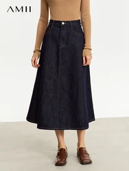 AMII Minimalist Women Denim Skirt 2025 Autumn New French Retro Loose Basics Casual A-line Office Lady Cotton Midi Skirt 12343070