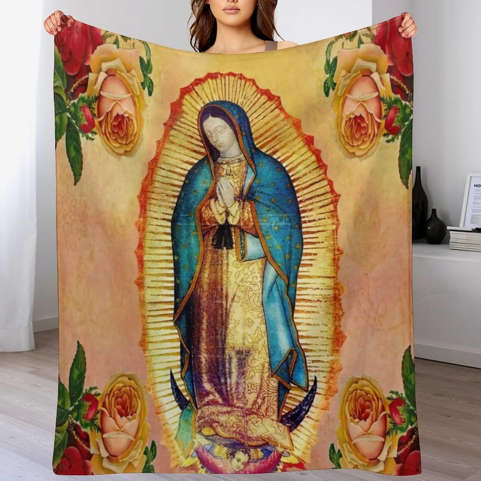 New of Our Lady of Guadalupe Virgin Mary and Roses Throw Blanket Soft Beds Flannel wednesday Blankets