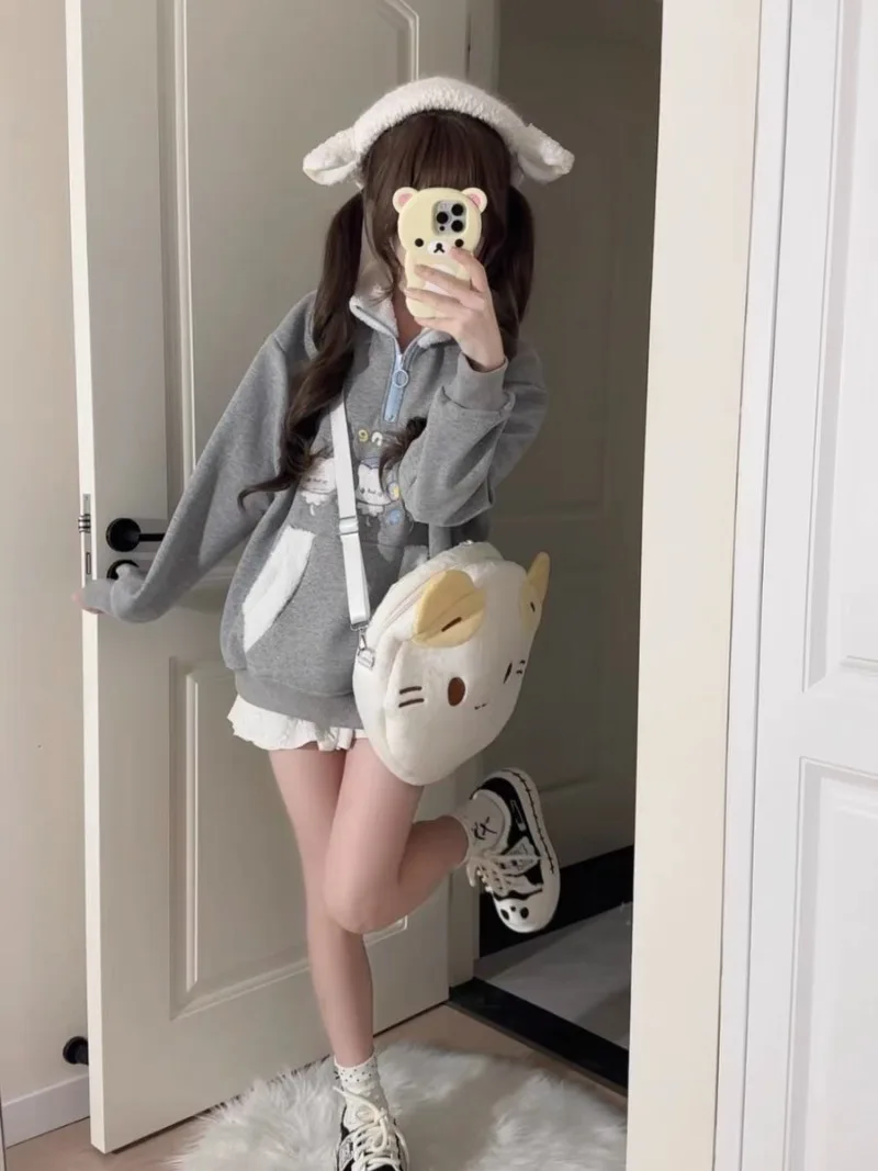 Japanese Subculture Y2k Millennial Two-dimensional Kitten Embroidered Plush Stand-up Collar Winter Loose Top Sweater For Women