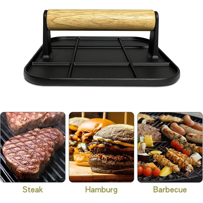 Meat Press With Wooden Handle 6In Square Burger Press Aluminum Hamburger Smasher Tool Use For Grill And Griddle Cooking