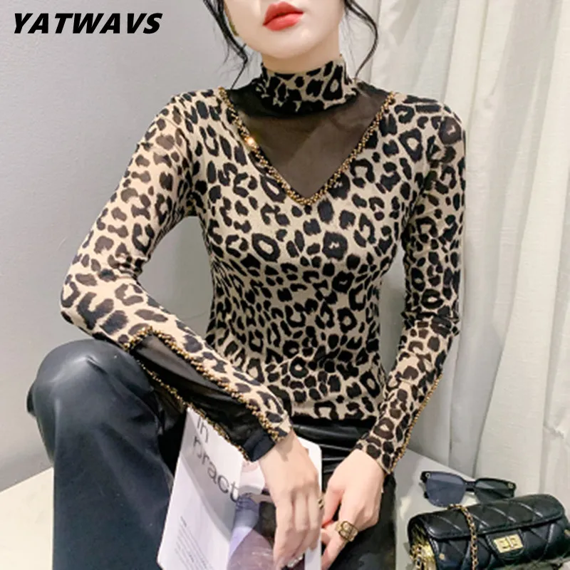 

New Temperament High Neck Leopard Splice Mesh T-shirt For Women Spring Autumn Designer Beading Long Sleeve Slim Top Tee