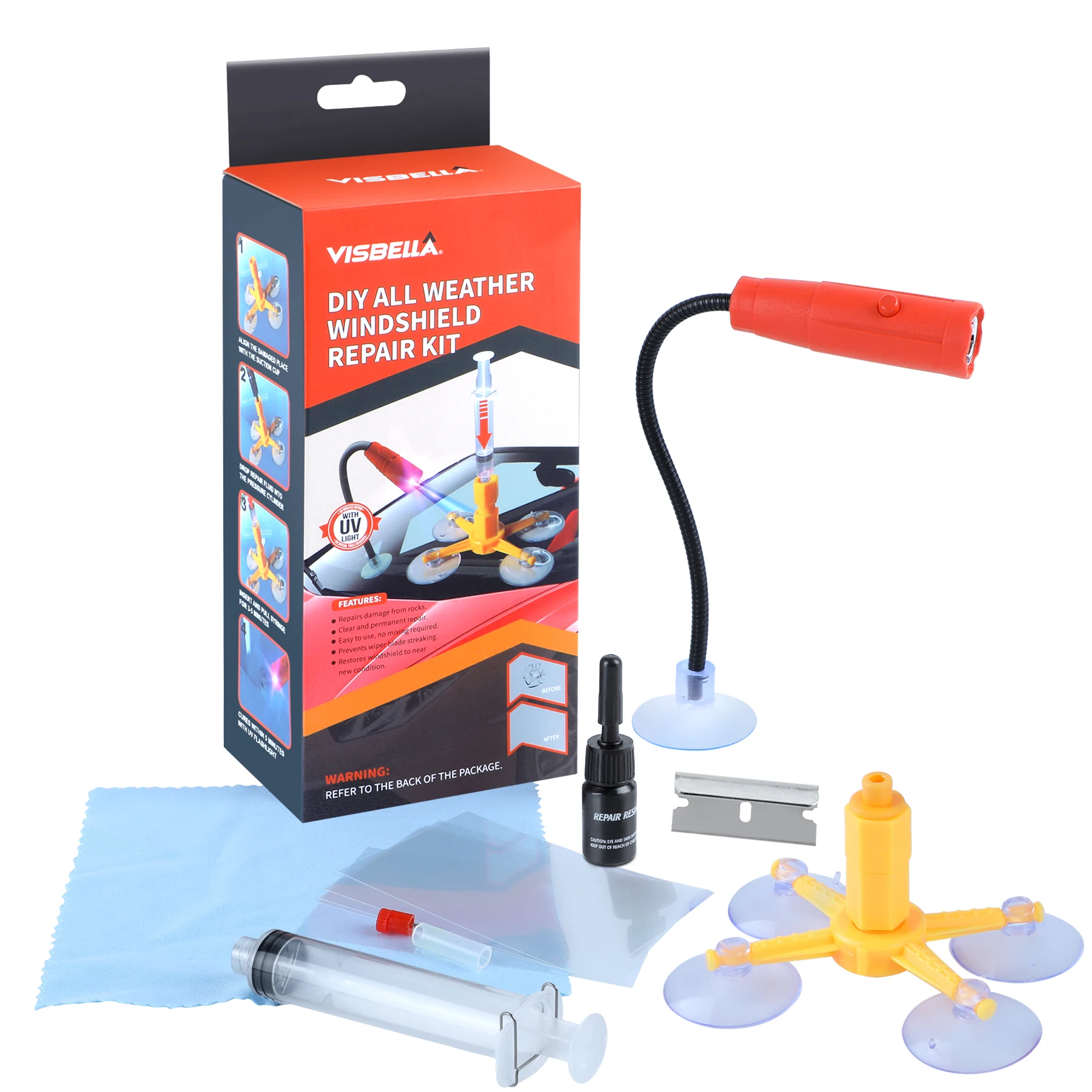 Steinschlag Reparaturset Windschutzscheibe mit UV-Lampe - Universelles Auto Glas Reparatur Set - Profi Windschutzscheibe Reparaturset - Schnell & einfach - Praktisches Steinschlag Reparatur Set