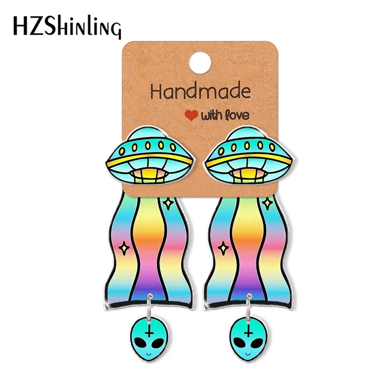 2022 New Rainbow UFO Spacecraft Acrylic Stud Earring Alien Epoxys Resin Jewelry Handmade Items Gifts Girl