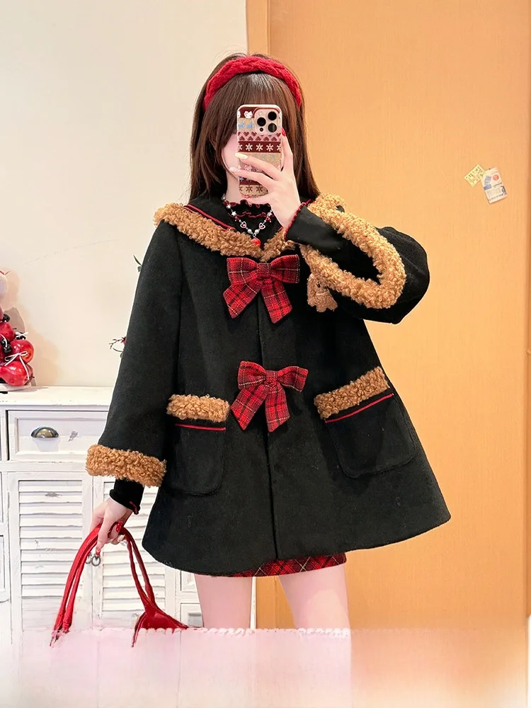

Adorable Style Cotton Jacket Women's Short Coat Navy Collar Fluffy Autumn Winter Outerwear Polyester Fiber Knot