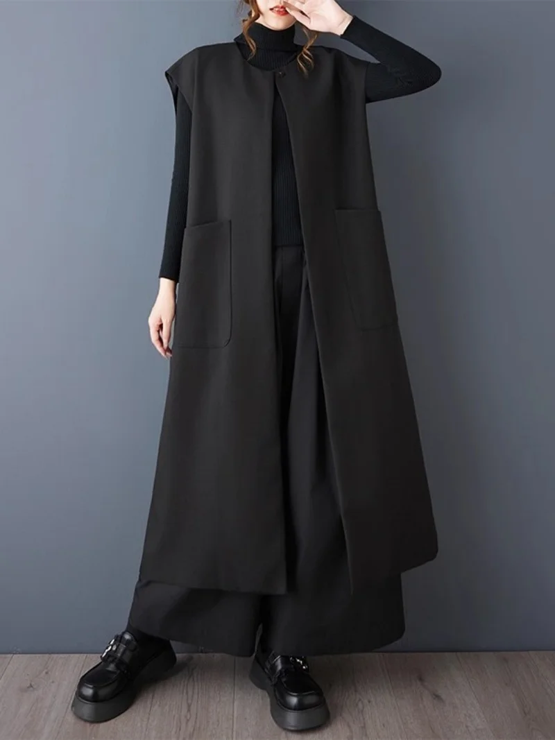 

Простой черный длинный жилет, женская куртка без рукавов, ветровка, весна-осень 202, универсальный тонкий кардиган в темном стиле, w1341