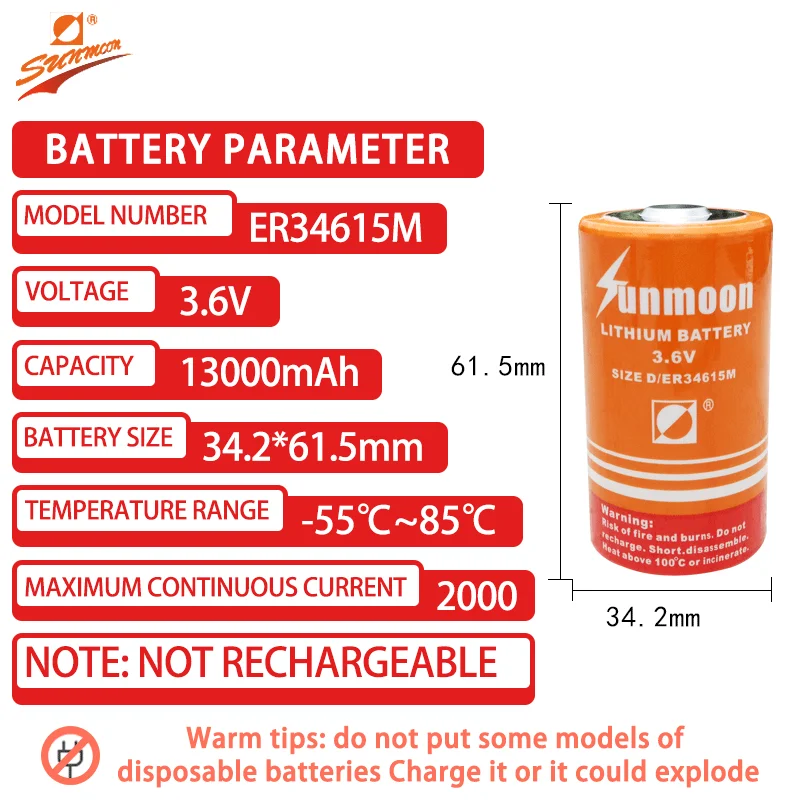 ER34615M D size 13000mAh high-power 3.6V primary lithium battery for smart water meter, natural gas meter, and flow meter