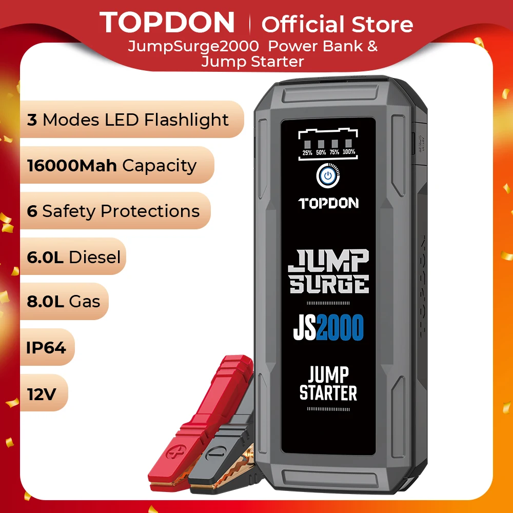 Topdon JS2000 2000A Jump Starter Power Bank 12V Car Starting Device 16000Mah Battery Jump Start for Car Booster