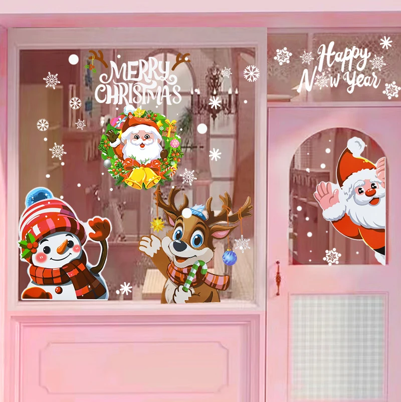 Pegatinas de ventana de Navidad para el hogar, adorno de ventana de vidrio de PVC, Papá Noel, muñeco de nieve, alce, copo de nieve, Navidad y Año Nuevo