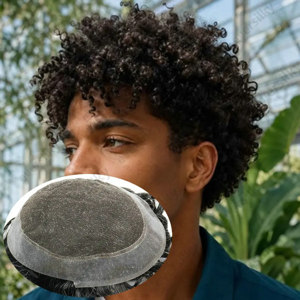 Afro-Herren-Perücke, krauses Haar, 8 mm, Herren-Toupet, australische Schweizer Spitze & PU-Basis, natürliche Echthaar-Ersatzsysteme, Prothese – Detail 1
