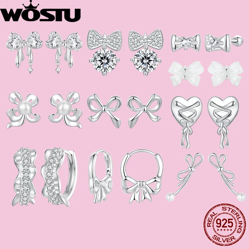 

WOSTU серьги-гвоздики из стерлингового серебра 925 пробы с бантом, жемчужные серьги, серьги-гвоздики в форме сердца для женщин, вечерние, повседневные, простые, изящные ювелирные изделия