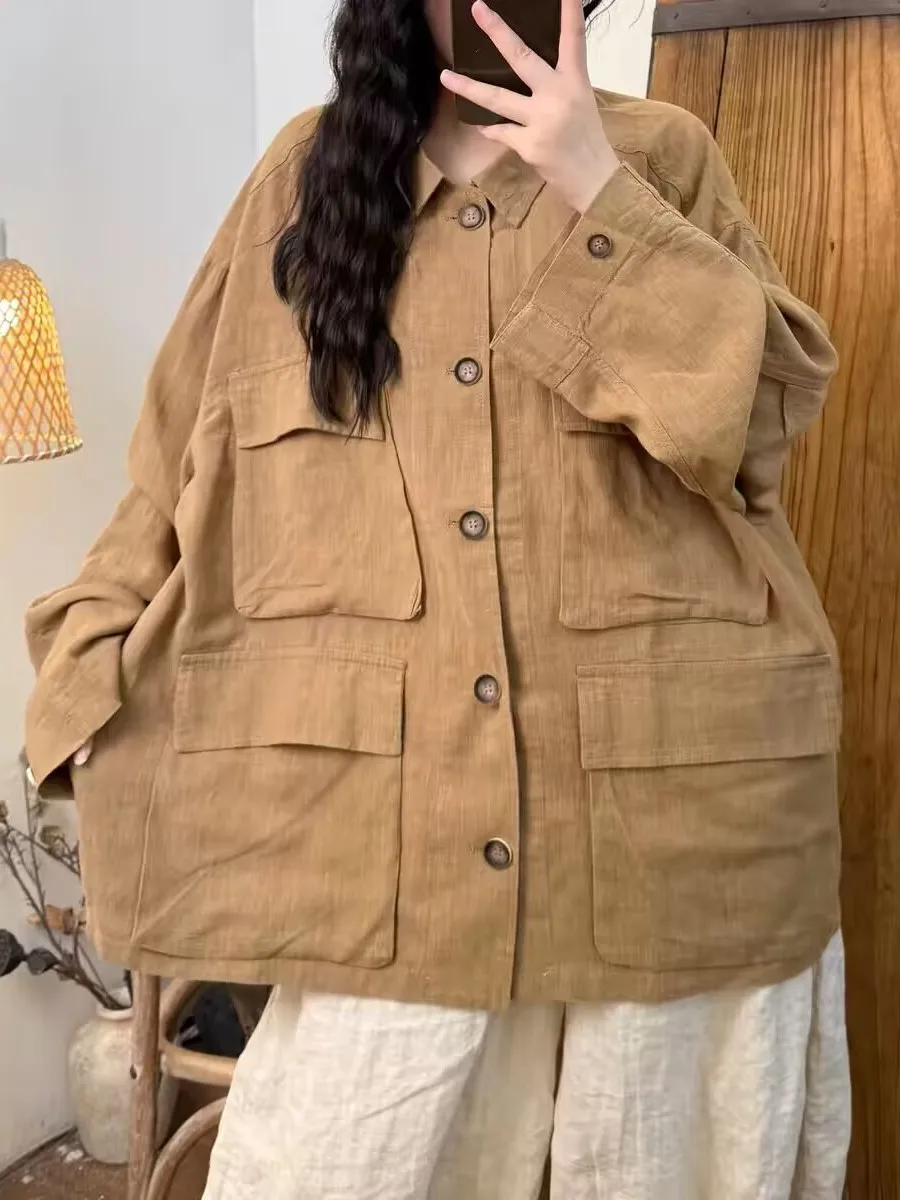 Casual Style Han Hemp Shirt Jacket Women's Loose Fit Long Sleeve Casual Wear Multi Pocket Artistic Style Workwear Coat