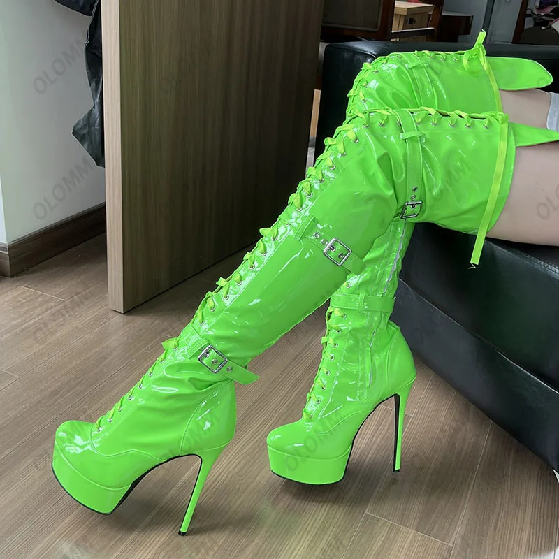 

Olomm New Women Thigh High Boots Buckle Strap Stiletto High Heels Round Toe Gorgeous Orange Party Shoes Women Plus US Size 5-20