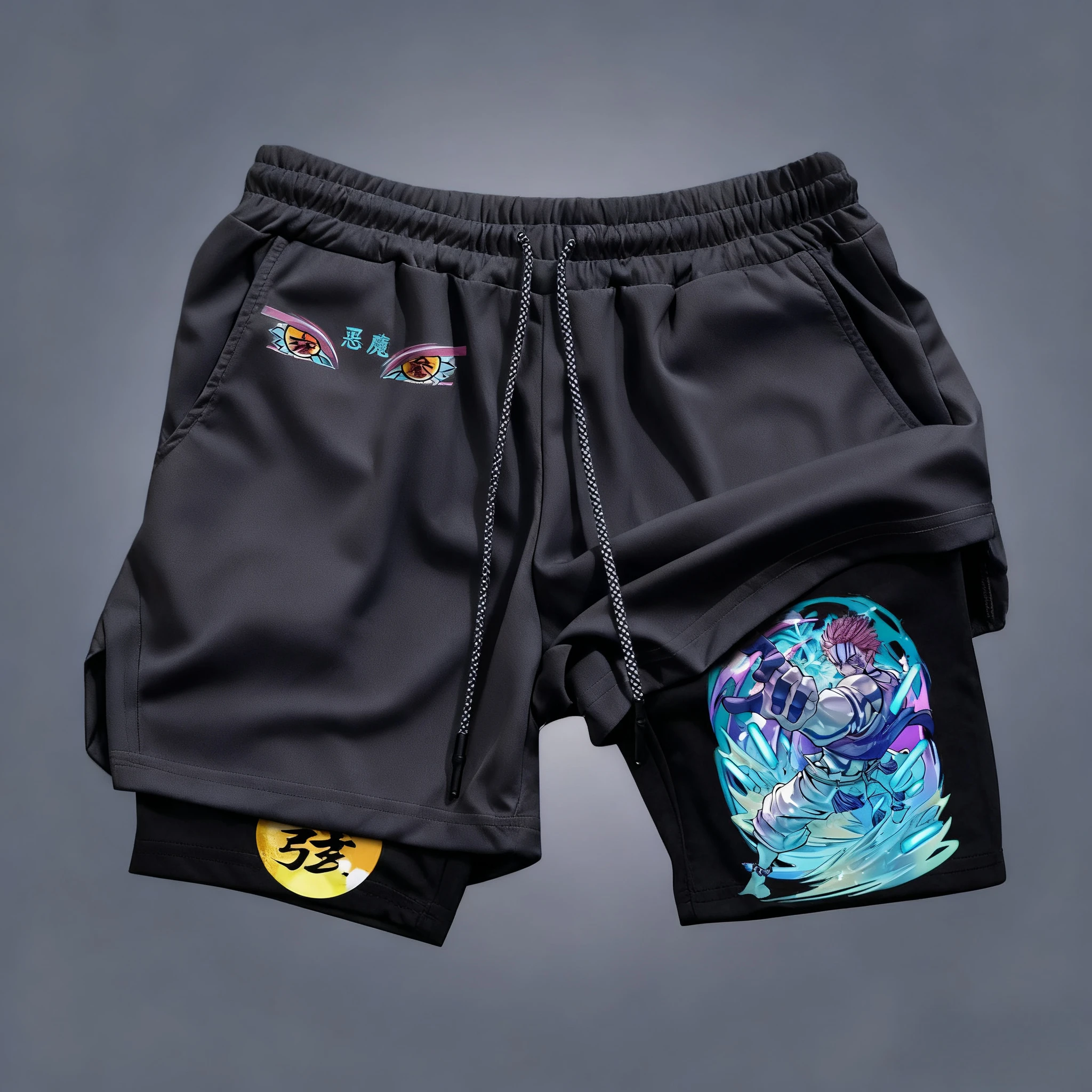 شيطان القاتل Akaza أنيمي مطبوعة طبقة مزدوجة السراويل 2026 الصيف الرجال اللياقة البدنية تنفس التجفيف السريع Y2K 2 في 1 السراويل الرياضية
