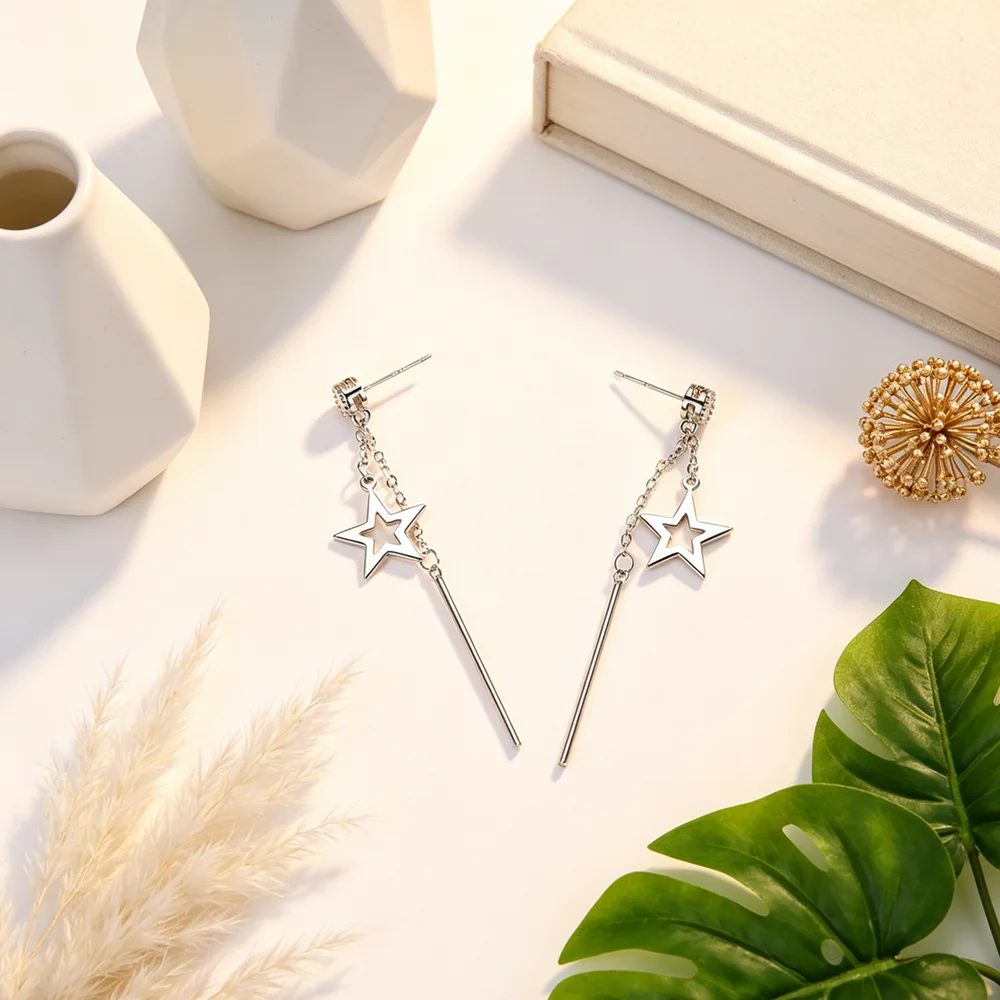 925 Sterling Silver Dangle Earrings Trendy Star Design Sparkling Cubic Zirconia Best Gift For Women Girls Party Appointment