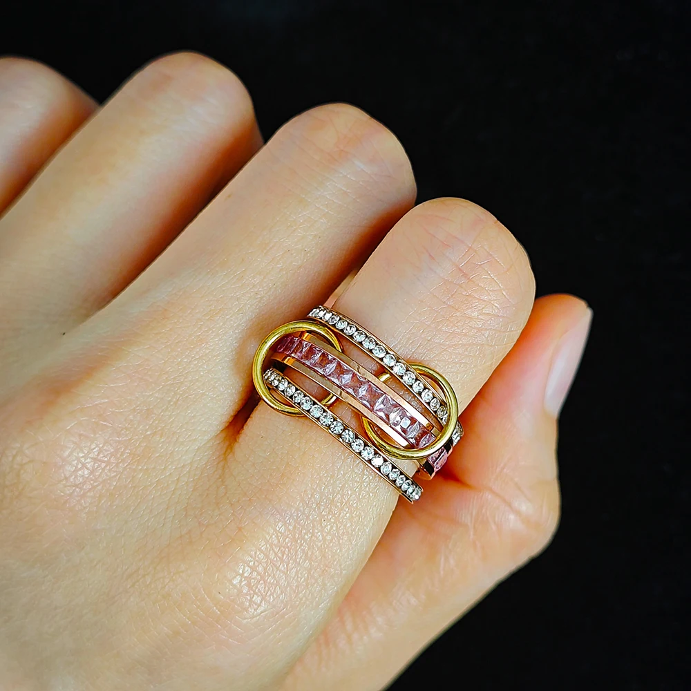 Stainless Steel Pink Zircon Spinelli Ring Three-Piece Luxury INS New Rose Gold Color Rings Stack Set Finger Jewelry For Women