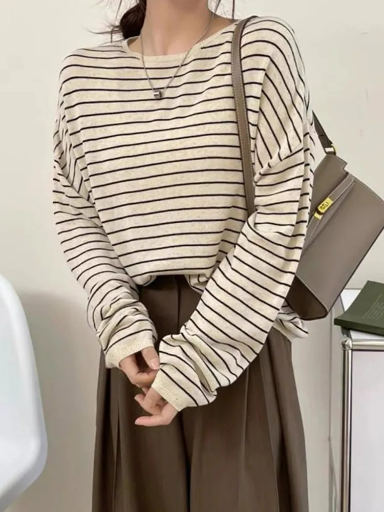 

Chic round Ne Knitwear Casual Long Sve Comfortable Versatile Striped Design Slimming New Sle Color Blo Commute Faion