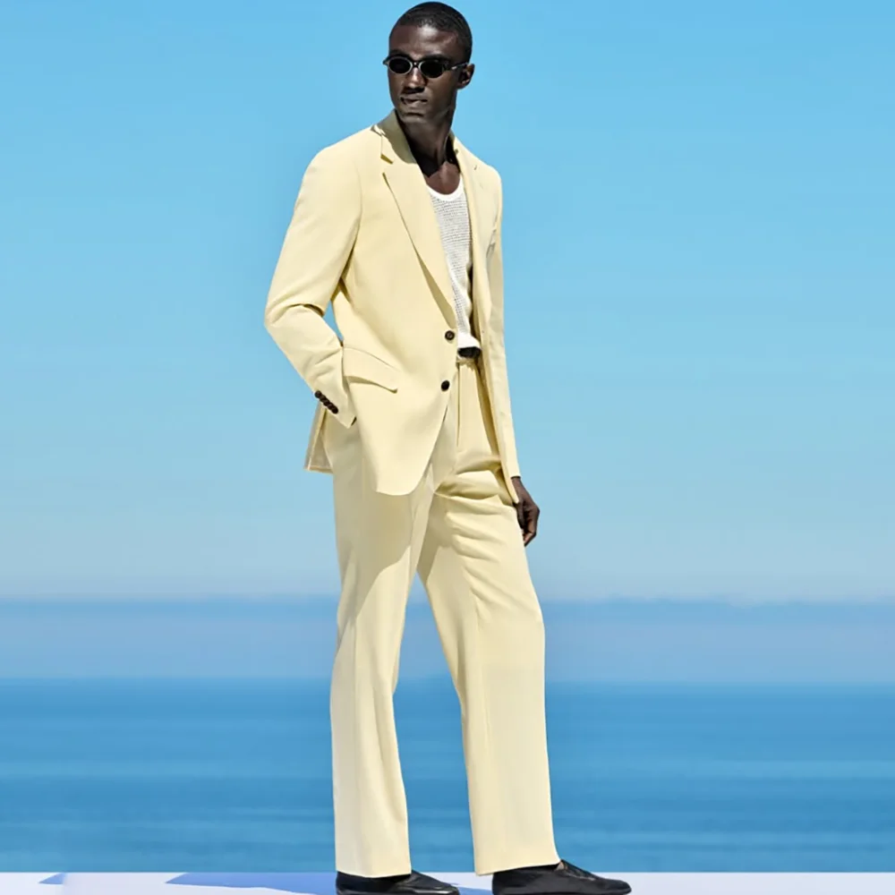 Casual Men Pale Yellow 2 Piece Suit Single Breasted Timeless Blazer Straight Pants Summer Beach Wedding Groomsmen Outfit
