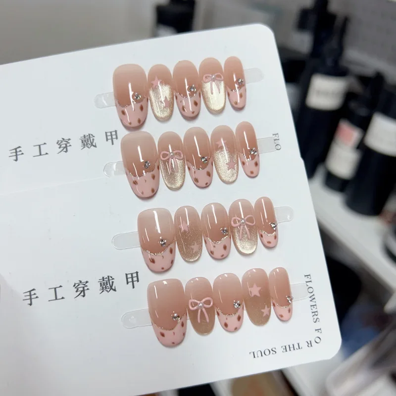 

10pcs Handmade Nail Tips Pink Leopard Print Realistic False Nails Bow Sweet Medium Press on Nails Artificial Nails for Sticking